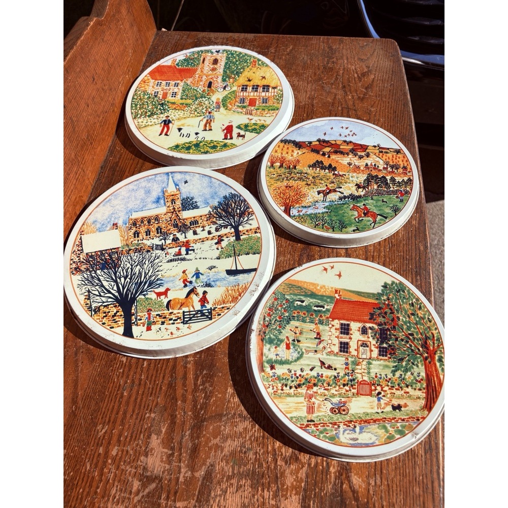 Vintage Seasons Enamel Stove Top Cover Burner Cottage Farmhouse Decor Set Of 4